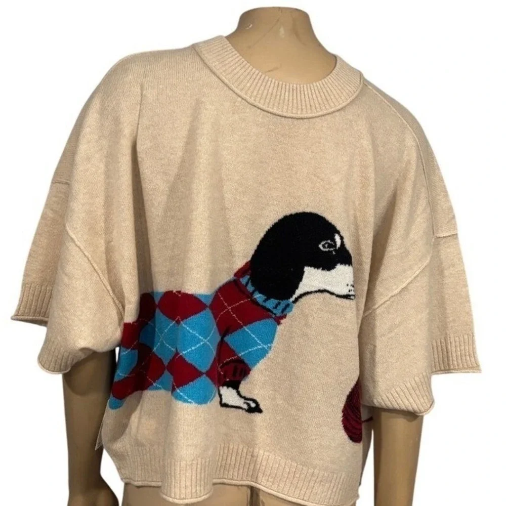 Anthropologie Dachshund Dog Cashmere Knit Sweater Beige NWT - Picture 11 of 15